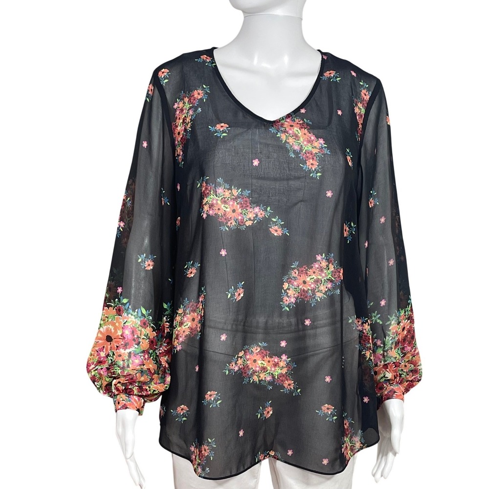 Cabi Black Floral Sheer Chiffon Blouse Balloon Sleeve Boho Peasant Tunic Top